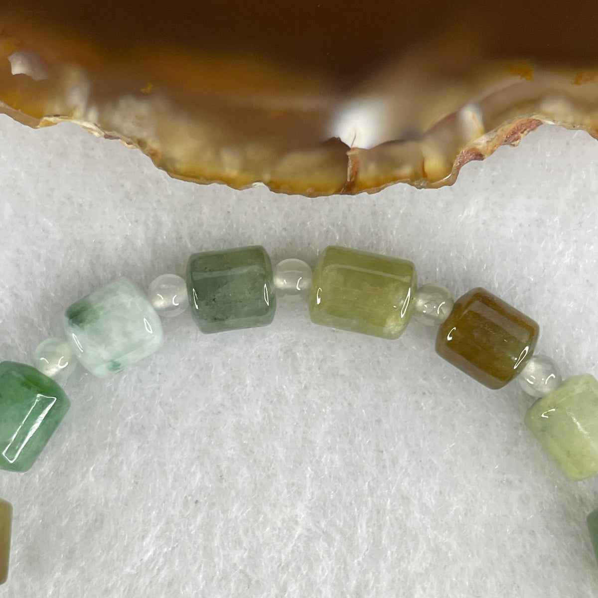 Natural Type A Green & Brownish Jadeite Pebble Focal with Agate Lulutong Beads Bracelet | 16cm with 17 Beads 8.3mm (15.39g | Root, Solar Plexus & Heart Chakra Balance, Organic Earth Energy & Continuous Wealth Flow Shield)