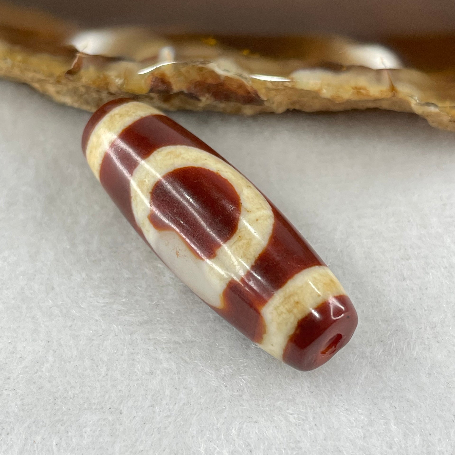 Natural Powerful Tibetan Old Oily Red White Agate One Eye Fire Sign Dzi Bead Heavenly Master (Tian Zhu) 一眼火天珠 9.27g 37.7 by 12.7mm - Huangs Jadeite and Jewelry Pte Ltd