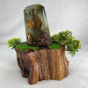 Type A Blueish Green with Brown Jadeite Samantabhadra Bodhisattva Guan Yin on Elephant and Shan Shui Pendant 188.54g with Wooden Stand Display Total 530.1g 122.5 by 91.0 by 156.0mm - Huangs Jadeite and Jewelry Pte Ltd