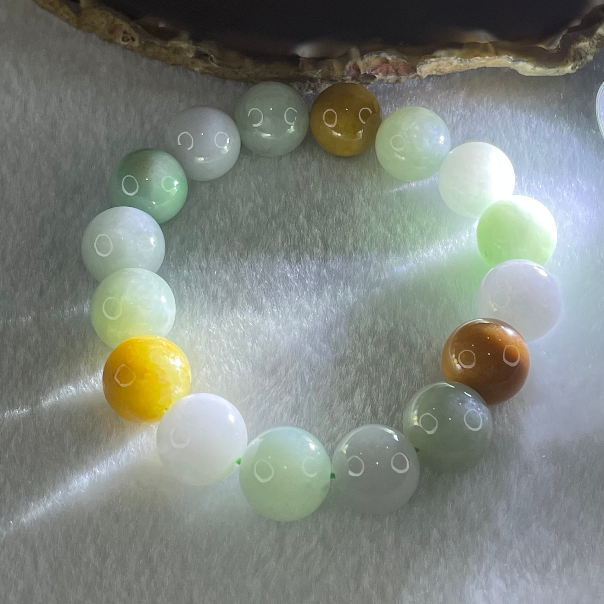 Type A Light Green Faint Lavender and Yellow Jadeite Beads Bracelet 64.31g 18cm 13.5mm 16 Beads - Huangs Jadeite and Jewelry Pte Ltd