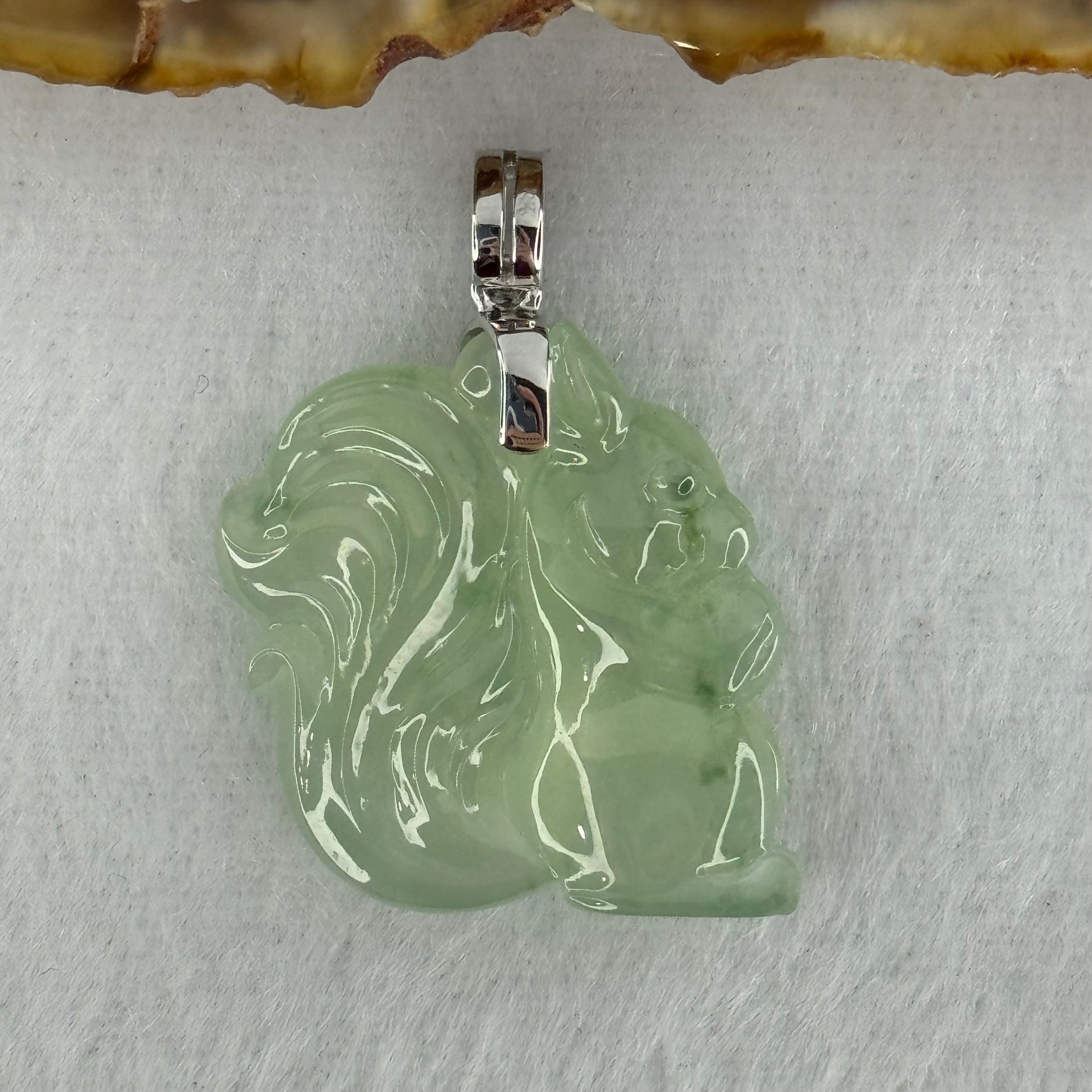 18K White Gold Type A Light Green Jadeite Squirrel Pendant with Natural Diamonds 5.68g 21.0 by 21.4 by 6.8mm - Huangs Jadeite and Jewelry Pte Ltd