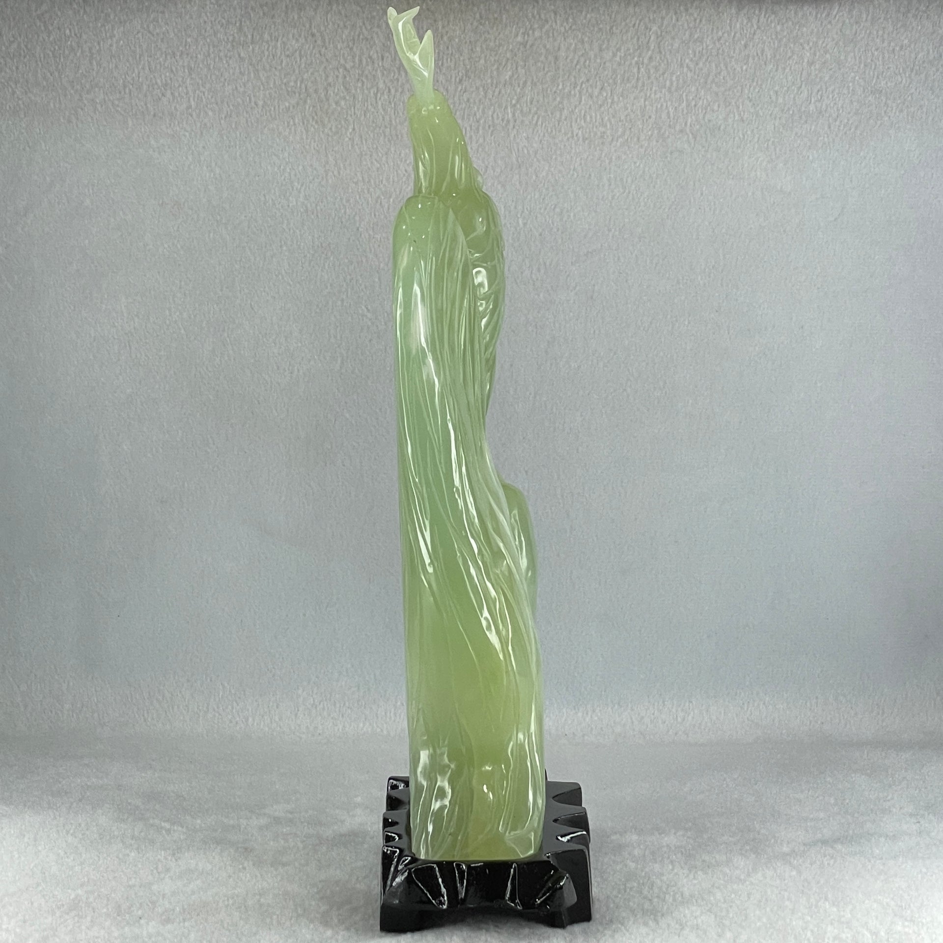 Natural Green Serpentine Rooster on Tree with Wooden Stand Display 820.9g 128.0 by 265.0 by 62.0mm - Huangs Jadeite and Jewelry Pte Ltd