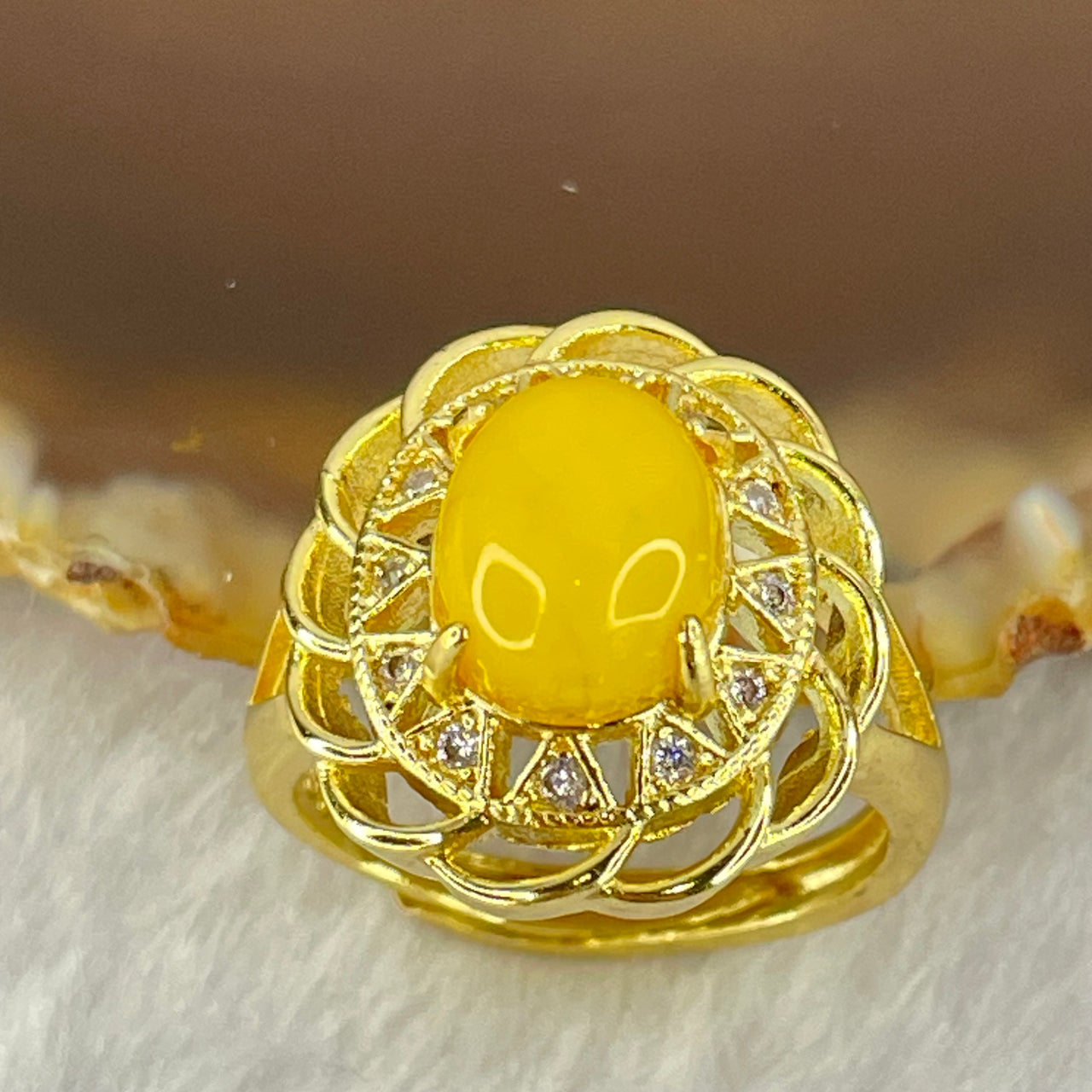 Natural Butterscotch Amber With Crystals in S925 Sliver Gold Color Ring (Adjustable Size) 3.68g 9.6 by 7.2 by 6.0mm - Huangs Jadeite and Jewelry Pte Ltd