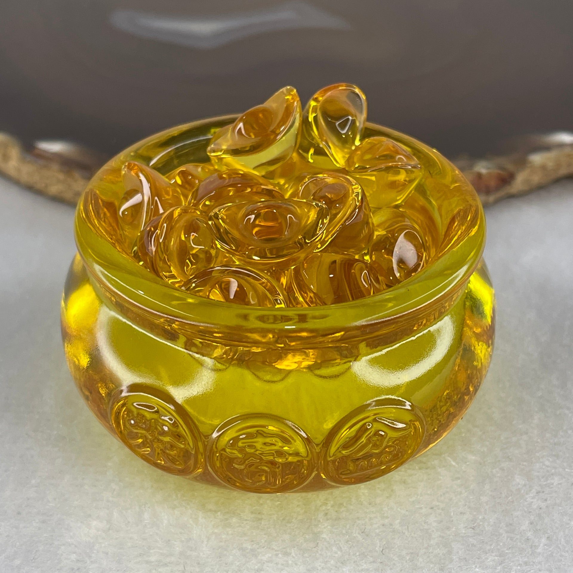 Yellow Liuli Wealth Pot with Ingot Yuan Bao Display Total Weight 150.37g 59.4 by 37.0mm - Huangs Jadeite and Jewelry Pte Ltd