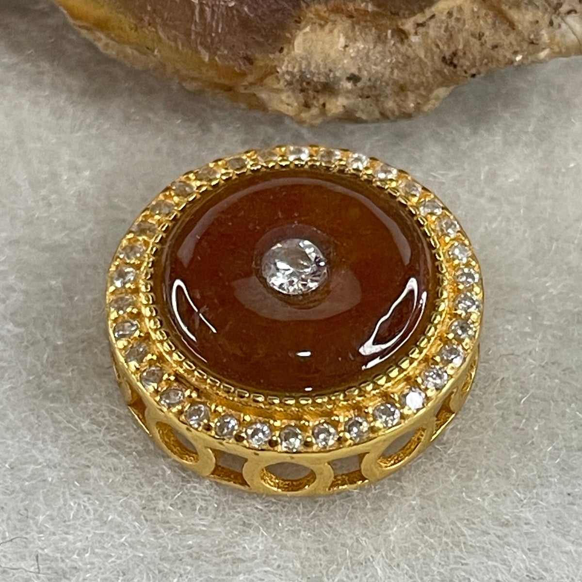 Natural Type A Brownish-Red Jadeite Ping An Kou Pendant in S925 Gold Color | 11mm Red Jade Peace Disc Talisman (1.73g | 10.7 x 1.5mm) - Huangs Jadeite and Jewelry Pte Ltd