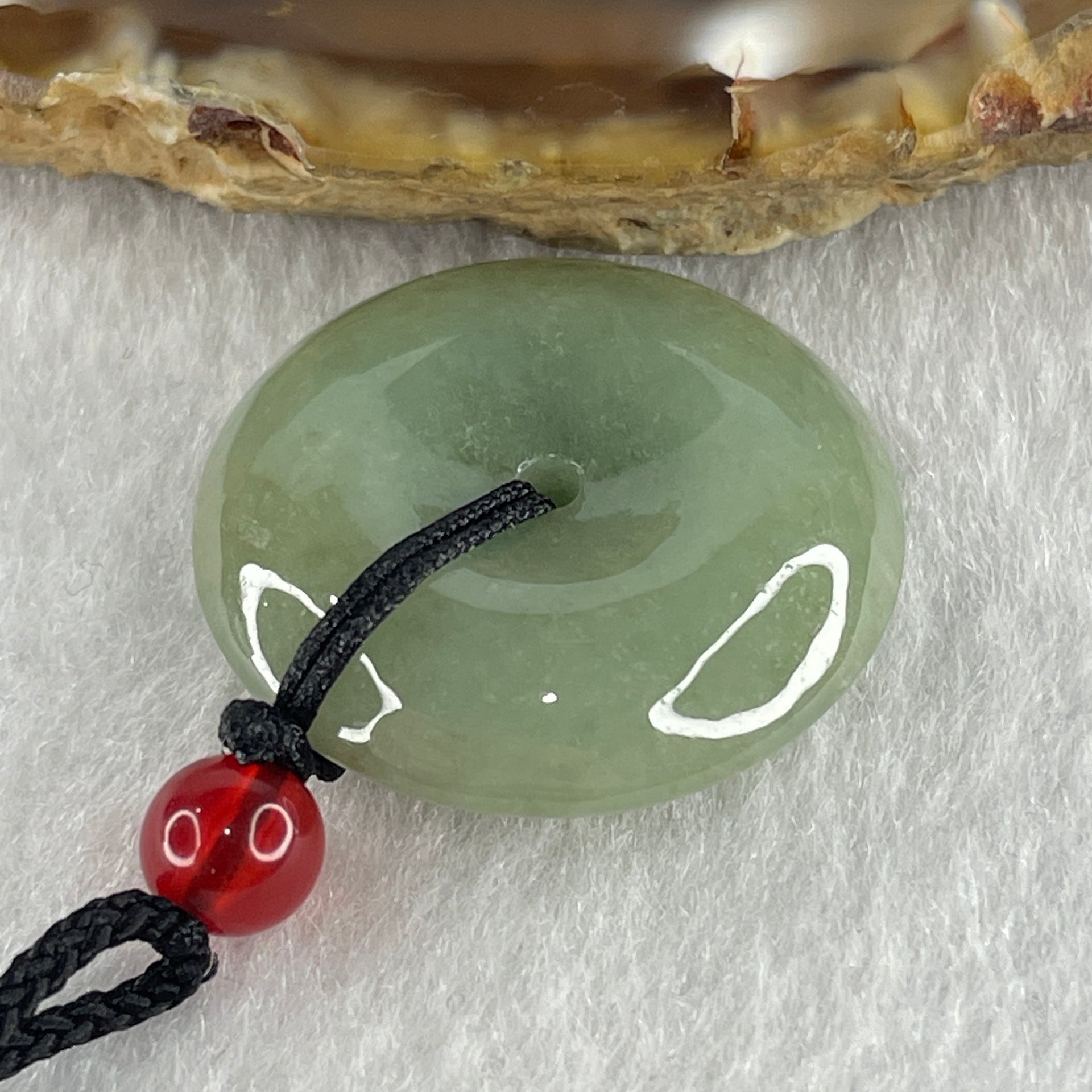 Natural Type A Green Jadeite Ping An Kou Donut Pendant in String Necklace 9.58g 24.7 by 7.1mm - Huangs Jadeite and Jewelry Pte Ltd