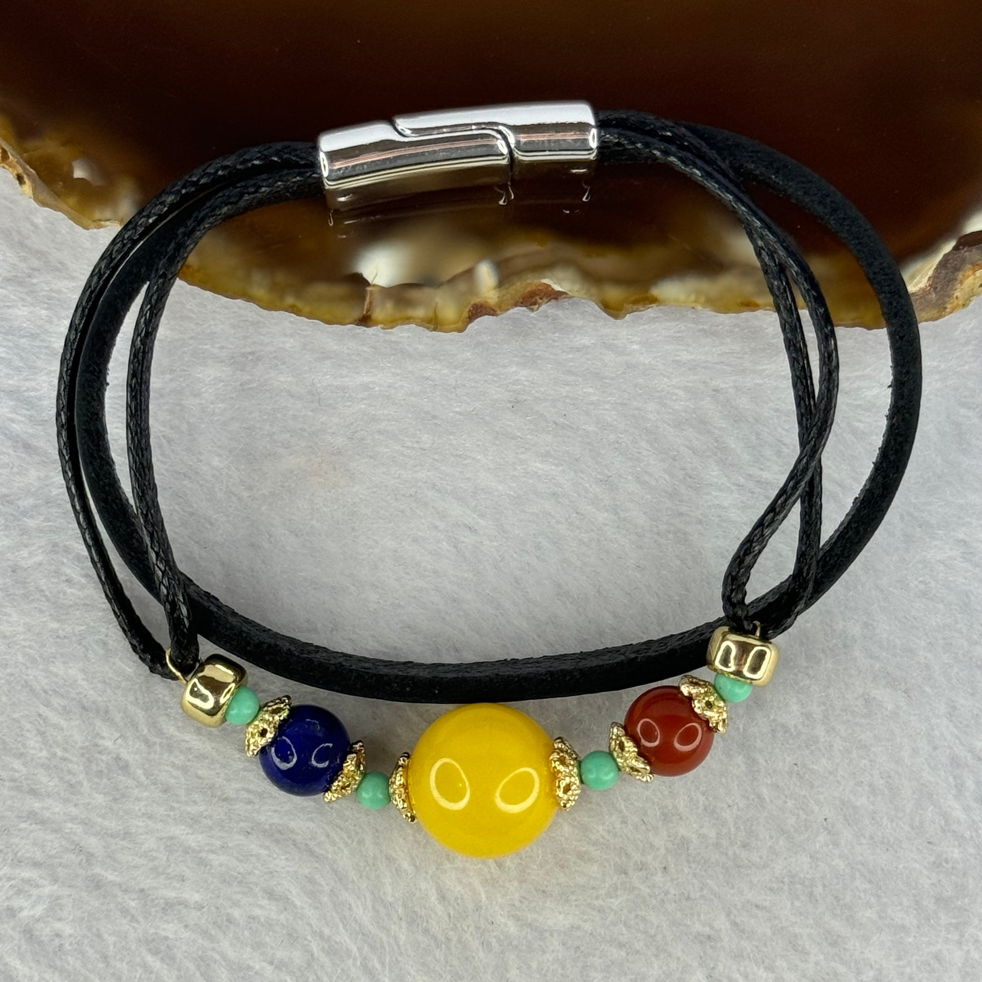 Natural Butterscotch Amber with Red Cinnabar, Lapis Lazuli and Turquoise Beads Leather Bracelet 11.92g 15cm 13.0mm - Huangs Jadeite and Jewelry Pte Ltd