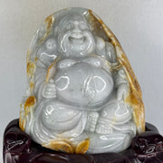 Type A Light Green with Faint Lavender and Yellow Jadeite Milo Buddha Display 170.0 by 100.0 by 190.0mm with wooden stand 2,574.1g - Huangs Jadeite and Jewelry Pte Ltd