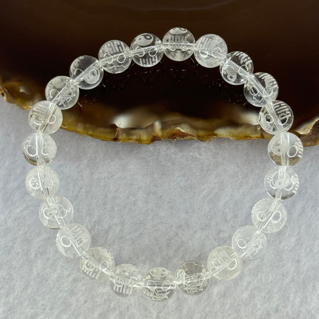Natural Clear Quartz Beads with Inscription Bracelet 17.91g 15cm 8.4mm 23 Beads - Huangs Jadeite and Jewelry Pte Ltd