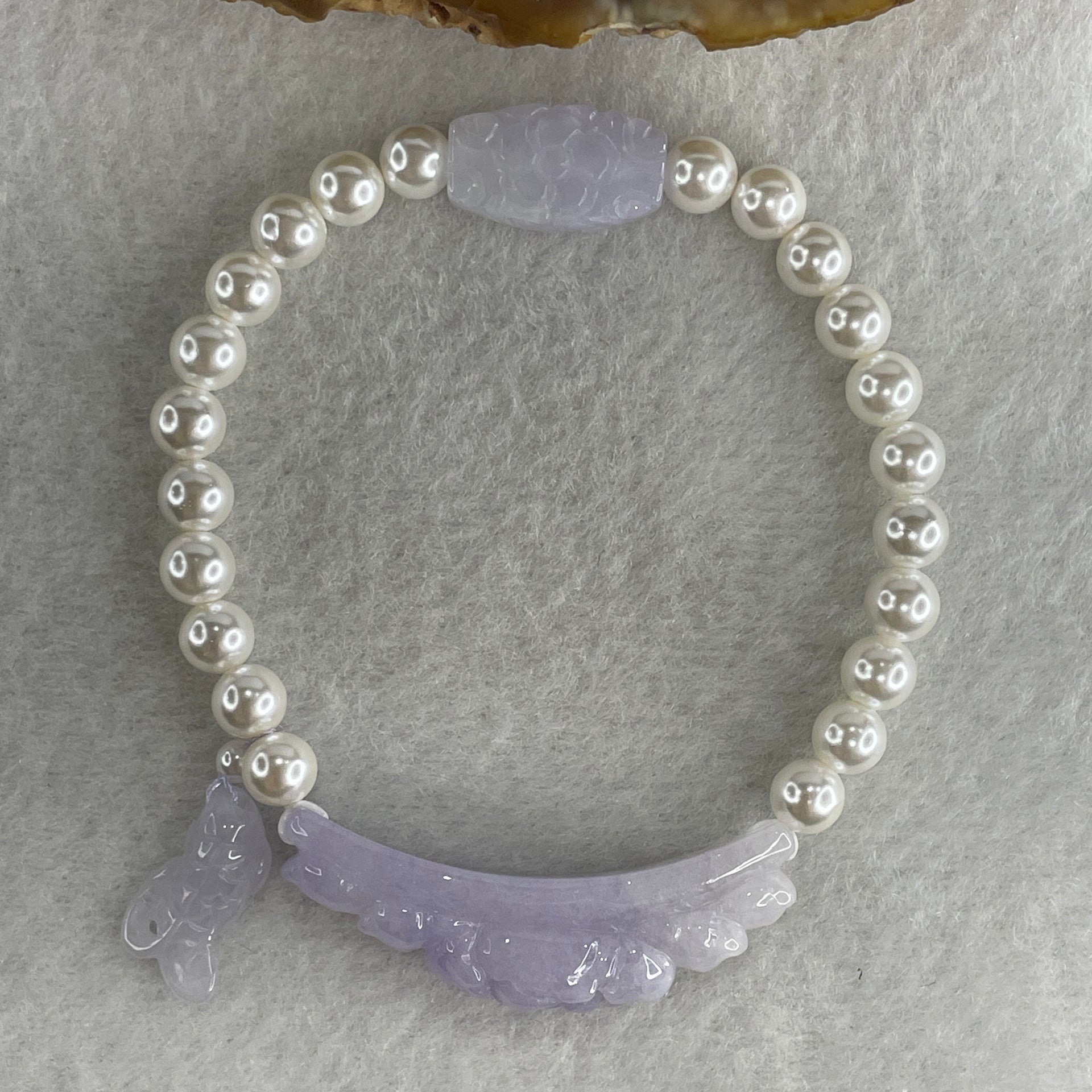 Natural Type A Intense Lavender Jadeite Flower with Faux Pearl Beads Bracelet 17.09g 15.5cm 40.0 by 10.3 by 10.5mm - 17.0 by 9.4 by 5.8mm - Huangs Jadeite and Jewelry Pte Ltd