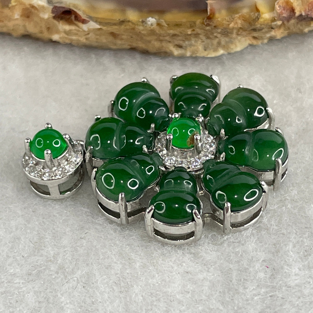 Natural Type A Omphacite Spicy Green Jadeite Hulu Flower Pendant in S925 Silver | (4.87g | 8.0 x 6.2 x 1.5mm x 8 Pcs | Bloom of Fortune & Longevity Anchor, Feng Shui Prosperity & Health Pendant) - Huangs Jadeite and Jewelry Pte Ltd