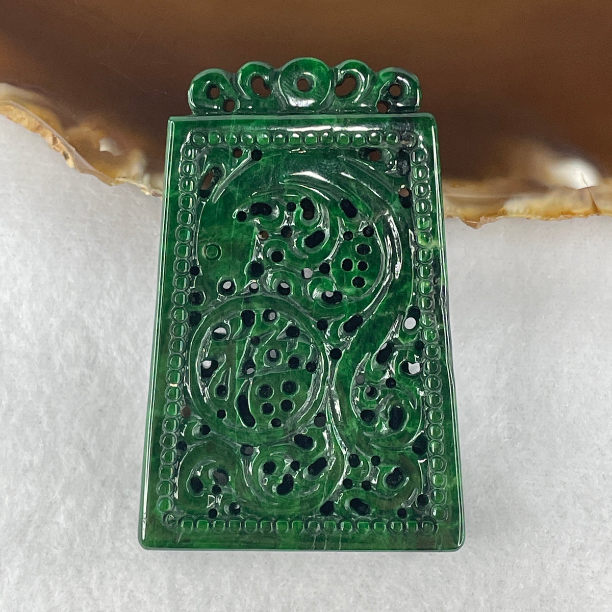 NGI Certified Type A Full Old Mine Spicy Green Jadeite Pierced FU & Dragon Pendant | Untreated Lao Keng La Lǜ Pierced Openwork Fei Cui Carving (37.65g | 58.19 x 38.48 x 10.28mm)