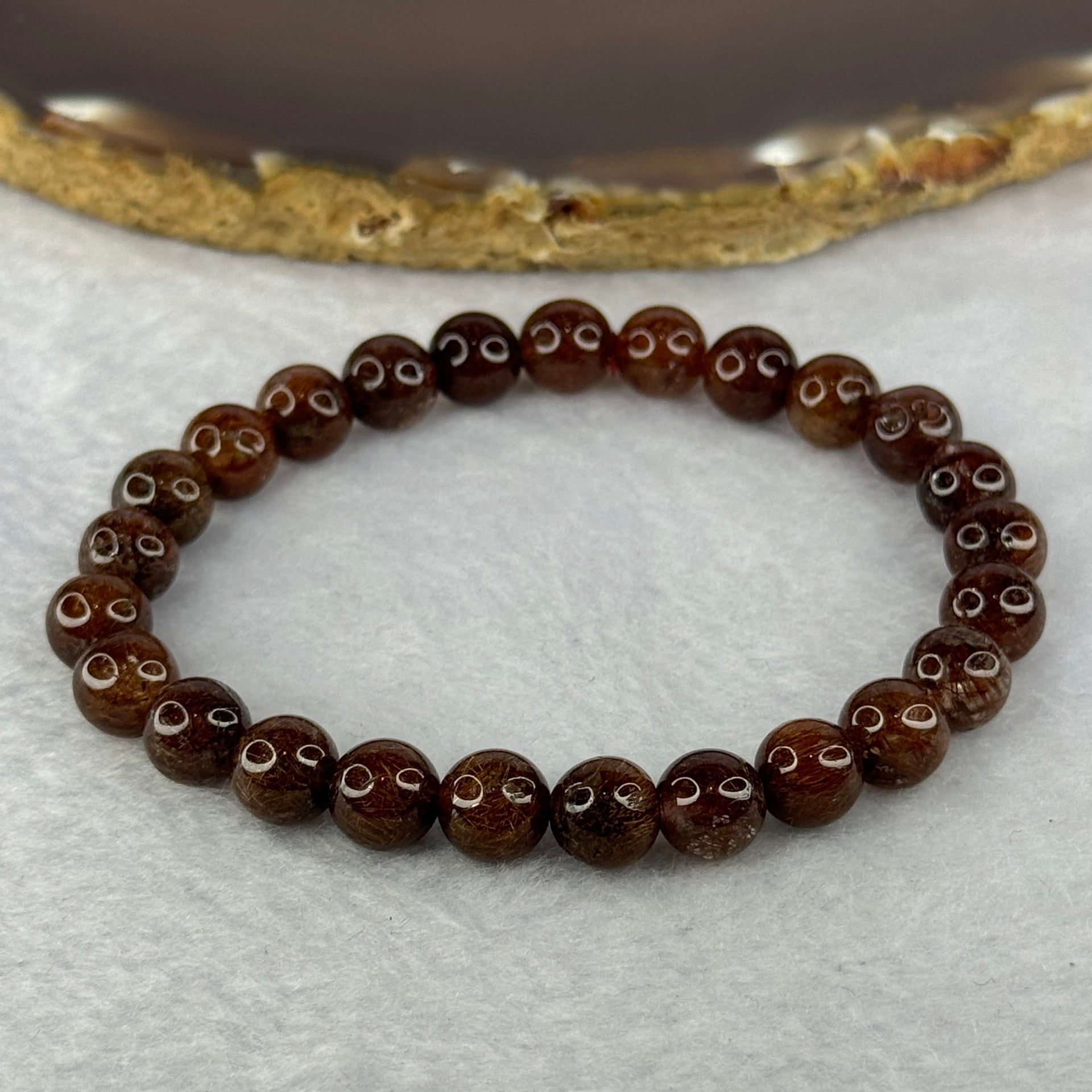 Natural Copper Rutilated Quartz Beads Bracelet 天然銅髮晶手镯 16.36g 16cm 7.9mm 25 Beads - Huangs Jadeite and Jewelry Pte Ltd