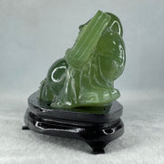 Natural Green Serpentine Siting Milo Buddha with Coin with Wooden Stand Display 1014.8g 200.0 by 100.0 by 105.0mm - Huangs Jadeite and Jewelry Pte Ltd