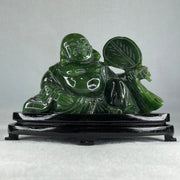 Natural Dark Green Serpentine Siting Milo Buddha with Waving Fan with Wooden Stand Display 765.0g 180.0 by 90.0 by 115.0mm - Huangs Jadeite and Jewelry Pte Ltd