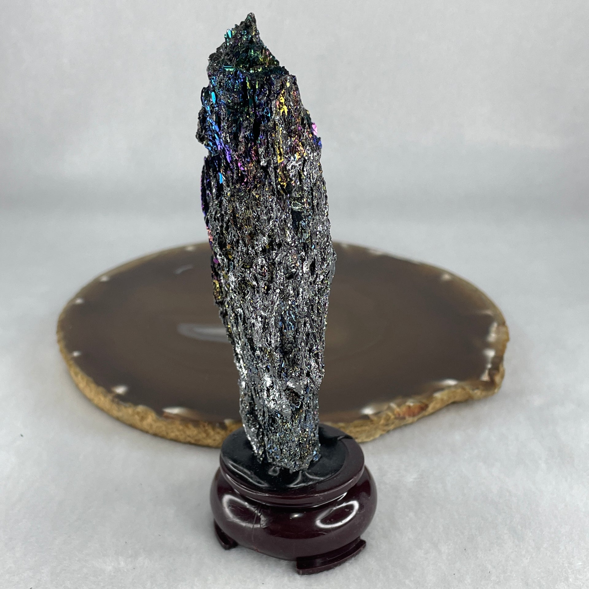 Natural Black Moissanite Rough Display with Wooden Stand 205.68g 70.7 by 45.0 by 132.5mm - Huangs Jadeite and Jewelry Pte Ltd