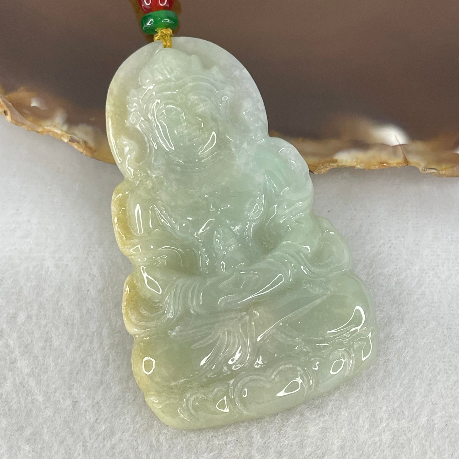 Type A Light Blueish Green with Yellow Jadeite Guan Yin Tara Pendant by by