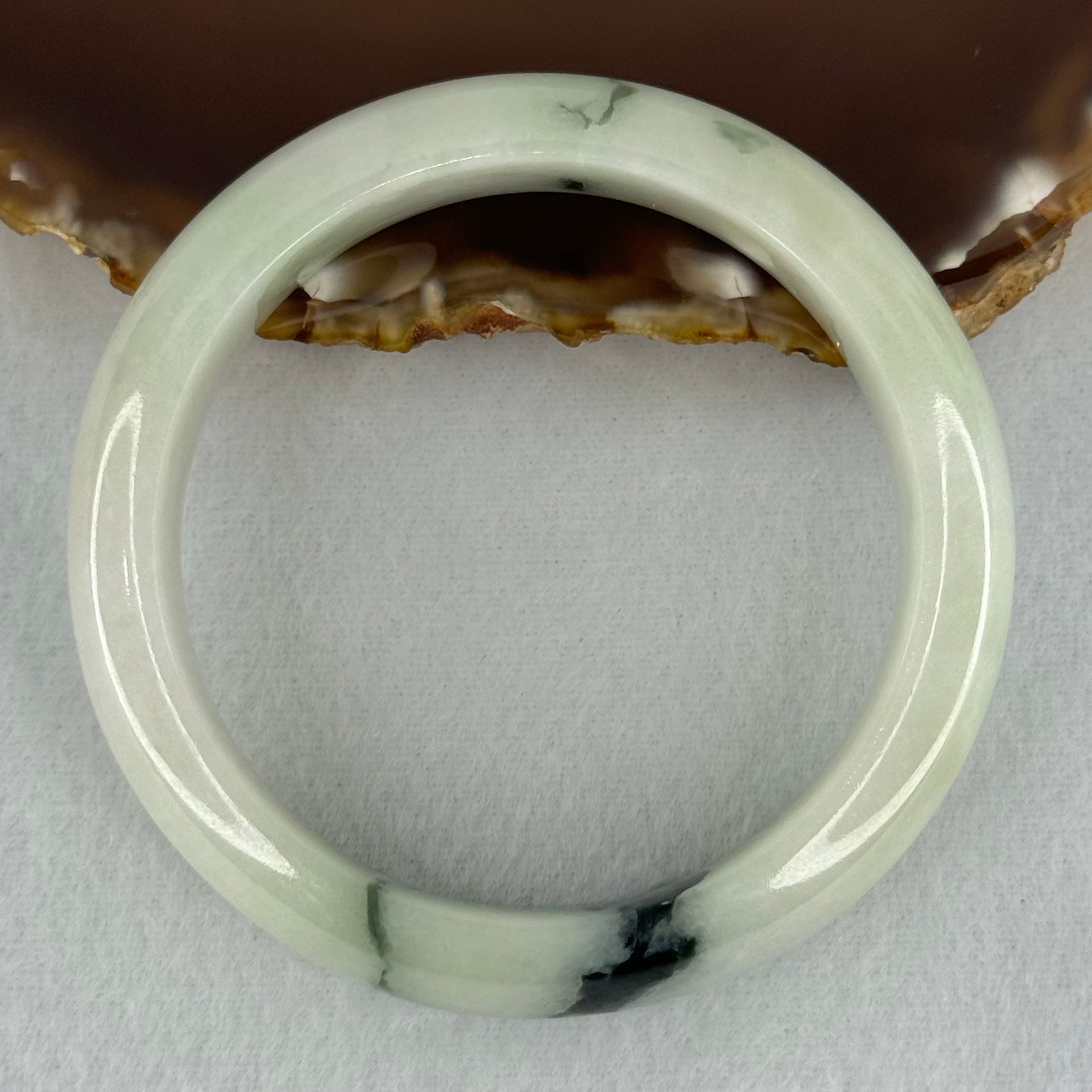 Type A Light Green with Moss Green Patches Jadeite Bangle Internal Diameter 56.5mm 75.29g 16.4 by 8.4mm (Slight Internal Line) - Huangs Jadeite and Jewelry Pte Ltd