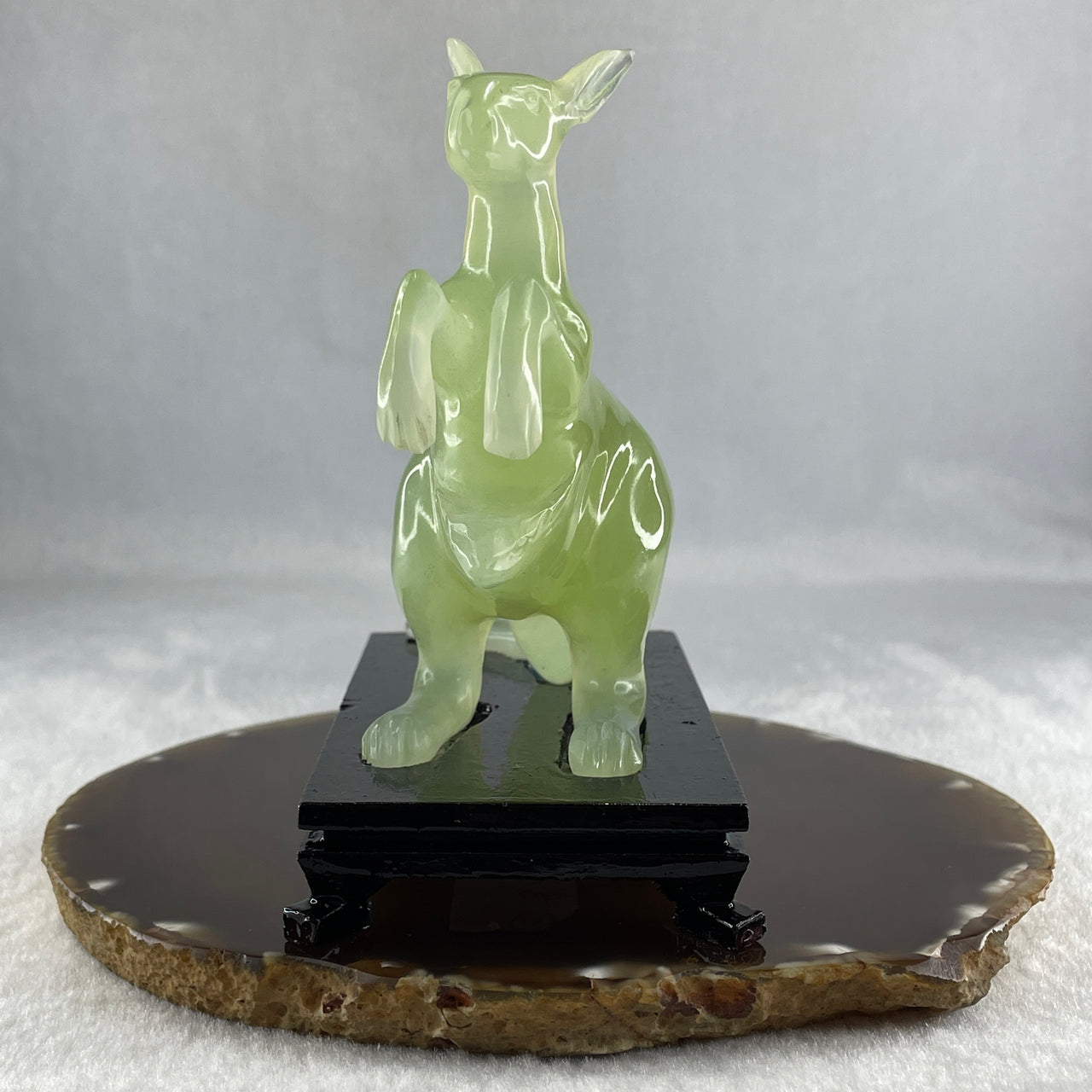 Natural Green Serpentine Kangaroo with Baby with Wooden Stand Display 235.6g 125.0 by 63.8 by 116.5mm - Huangs Jadeite and Jewelry Pte Ltd