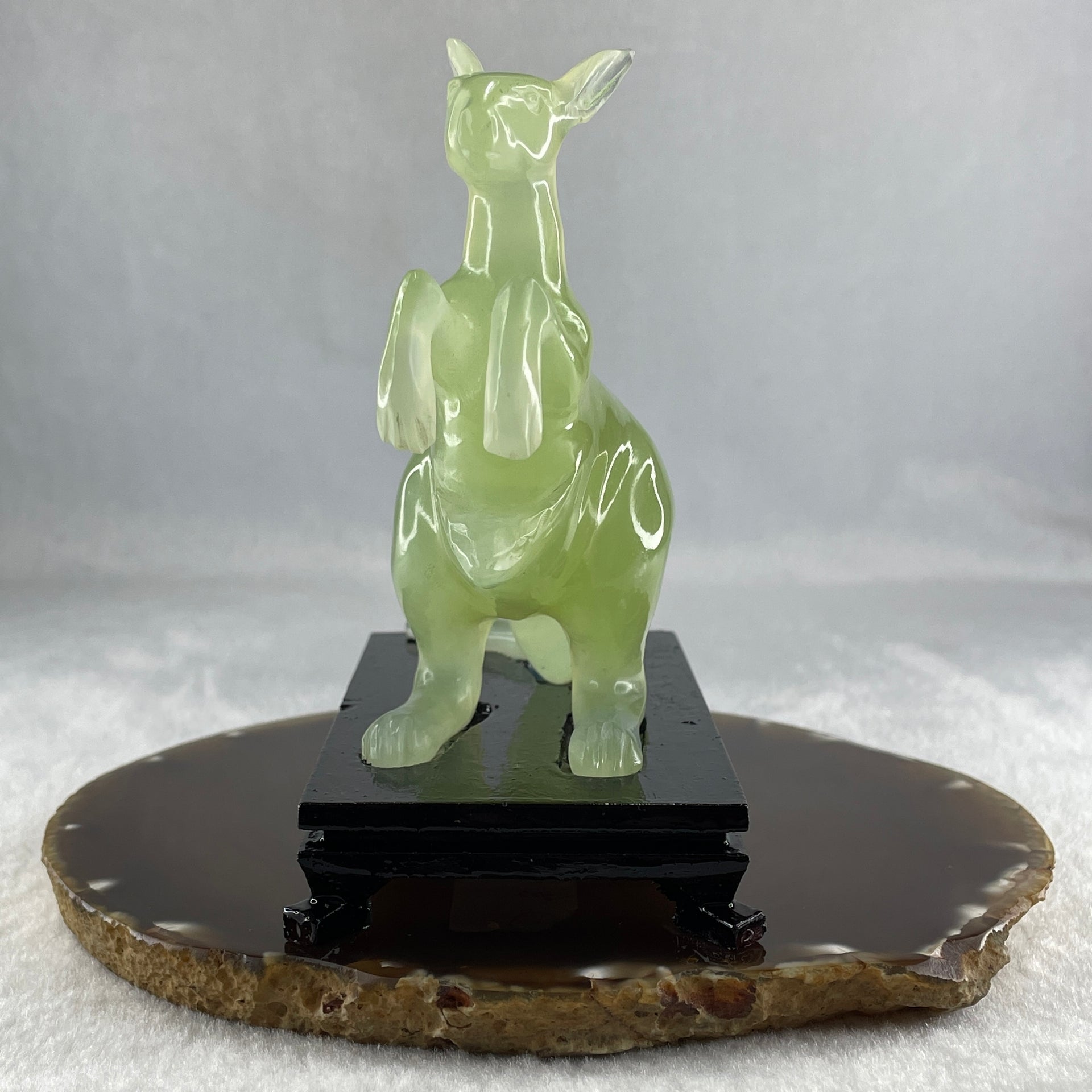 Natural Green Serpentine Kangaroo with Baby with Wooden Stand Display 235.6g 125.0 by 63.8 by 116.5mm - Huangs Jadeite and Jewelry Pte Ltd