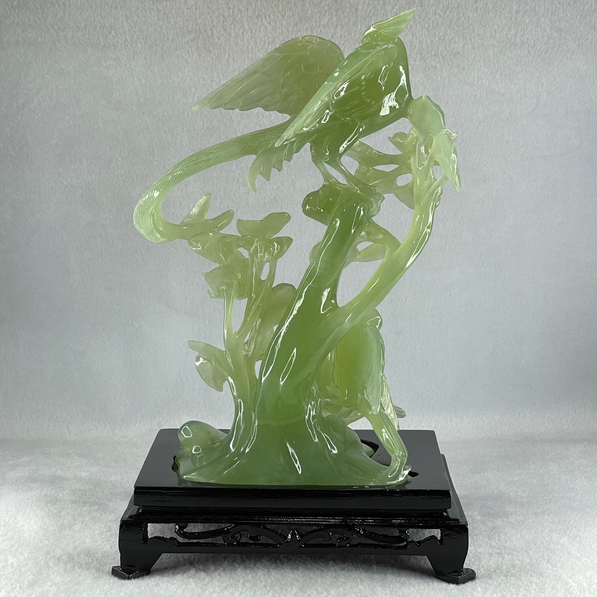 Natural Green Serpentine Phoenix with Double Magpies Birds on Tree with Wooden Stand Display 770.6g 155.0 by 125.0 by 230.0mm - Huangs Jadeite and Jewelry Pte Ltd