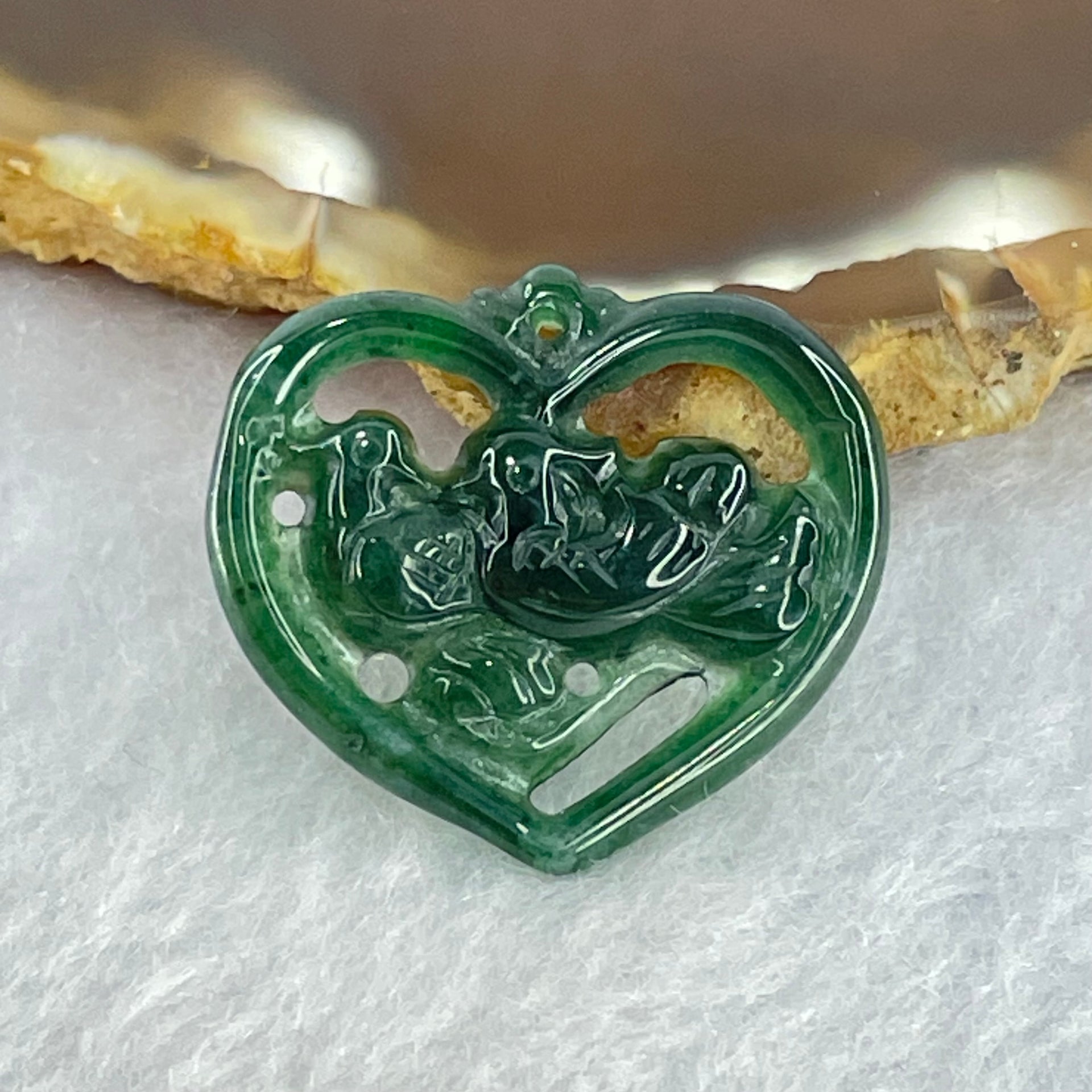 Type A Dark Blueish Green Jadeite Heart Shape with Twin Ducks Pendant for Better Relationship and Love 2.17g 24.5 by 21.7 by 3.0mm - Huangs Jadeite and Jewelry Pte Ltd
