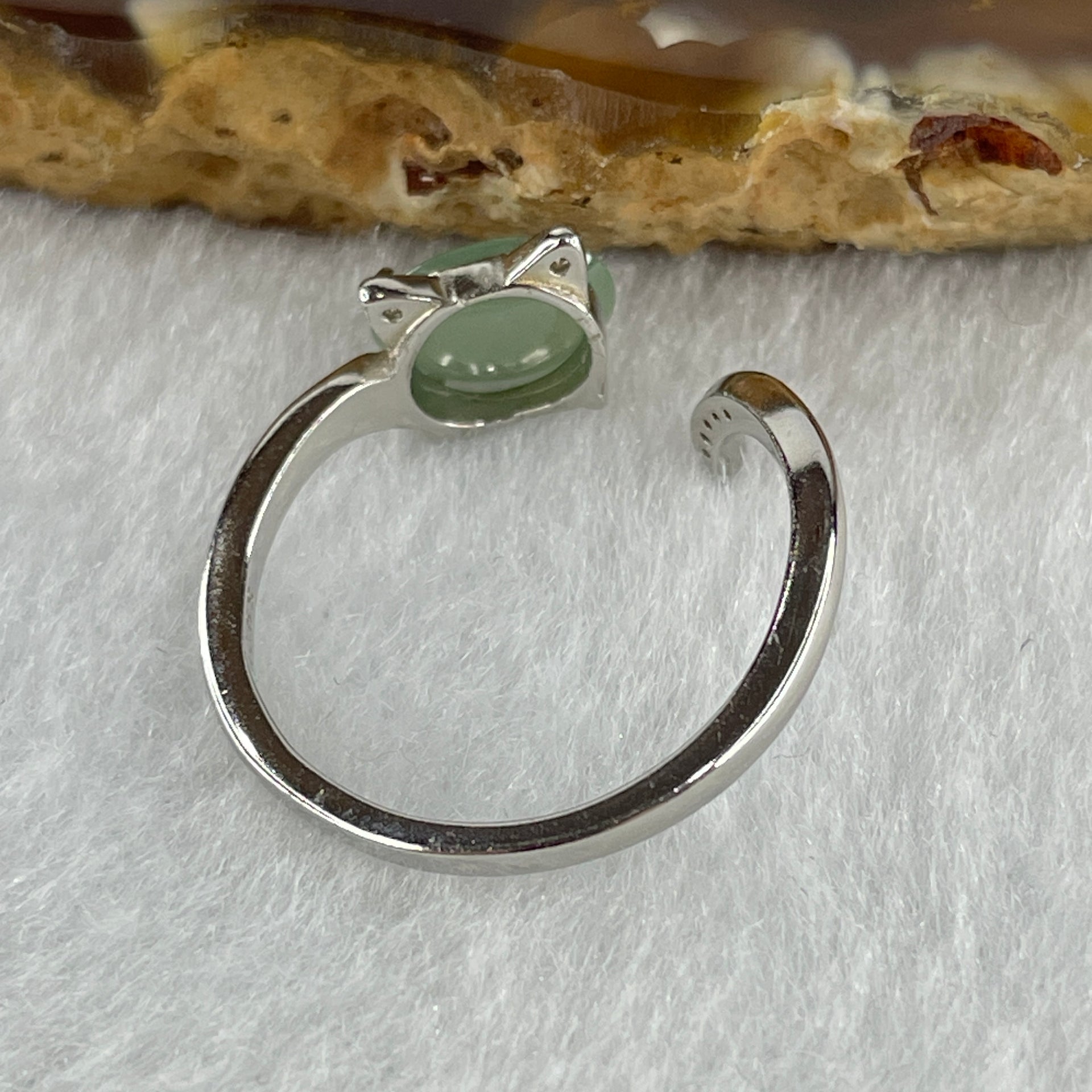 Natural Type A Semi Icy Blueish Green Jadeite Oval Shape Cabouchon in S925 Silver Cat Ring (Adjustable Size) 1.76g 6.3 by 8.0 by 3.5mm - Huangs Jadeite and Jewelry Pte Ltd
