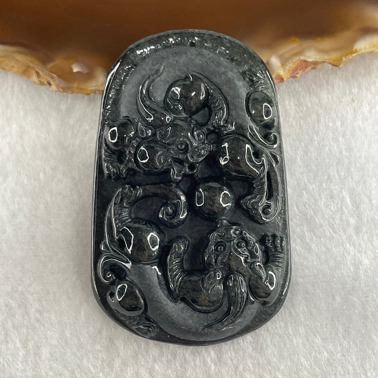 Type A Opaque to Partial Translucent Black Omphacite Jadeite Pixiu Pair Pendant 22.39g 54.7 by 34.8 by 8.8mm - Huangs Jadeite and Jewelry Pte Ltd