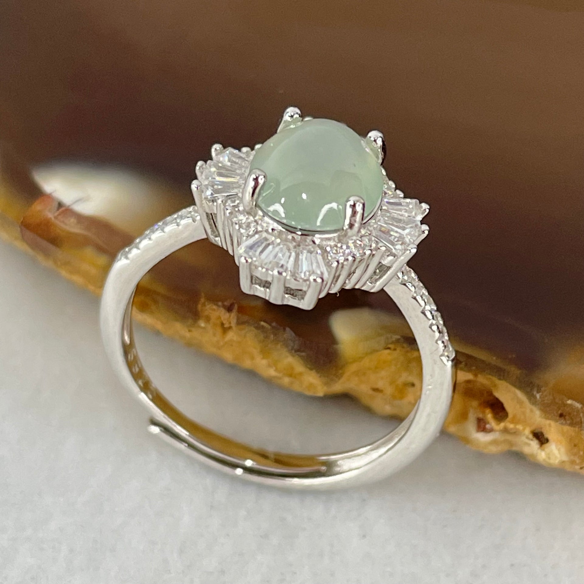 Type A Icy Light Sky Blue Jadeite Cabochon with Crystals in S925 Sliver Ring 2.55g 8.6 by 6.9 by 4.0mm - Huangs Jadeite and Jewelry Pte Ltd