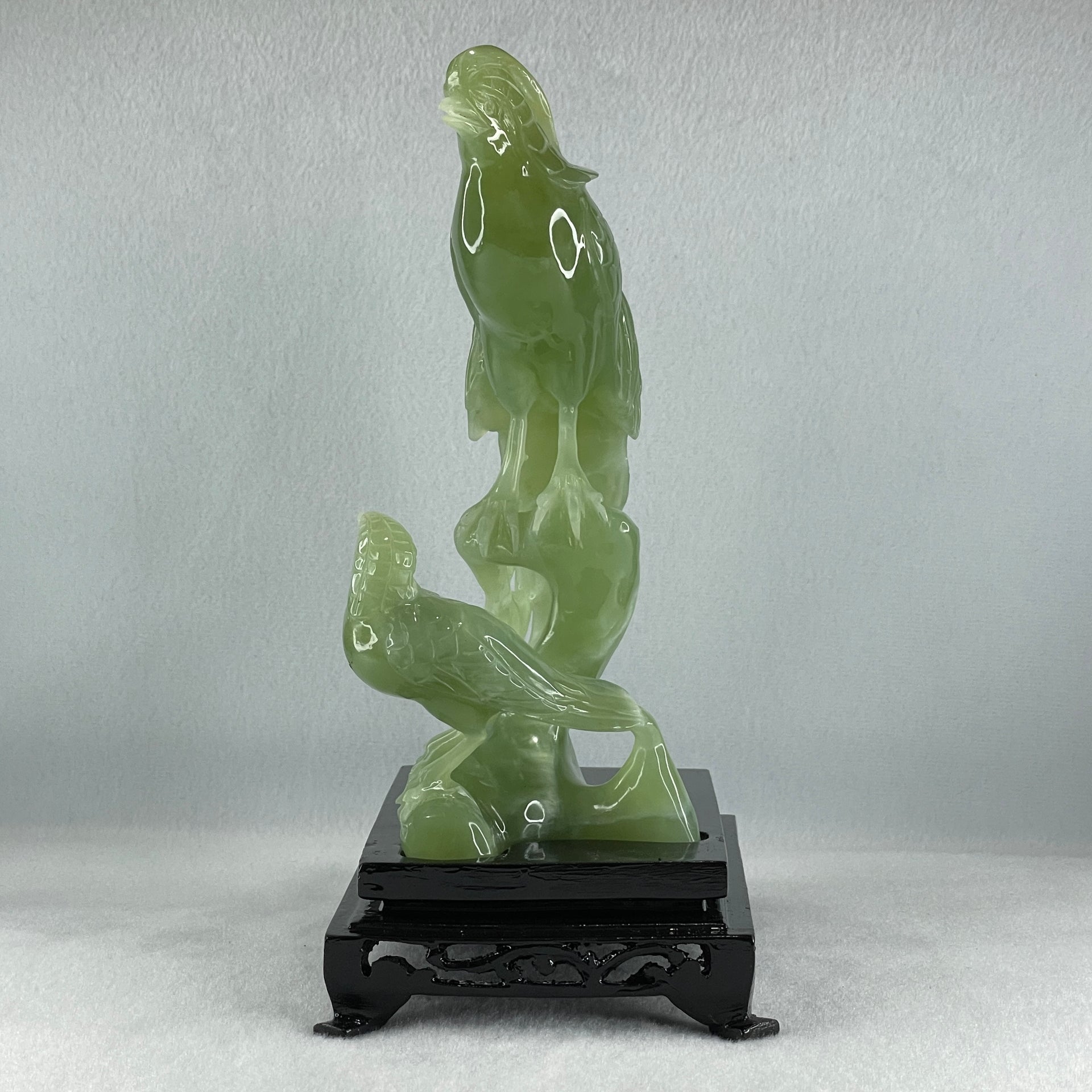 Natural Green Serpentine Phoenix with Bird with Wooden Stand Display 678.9g L155.0 by B105.0 by H226.0 mm - Huangs Jadeite and Jewelry Pte Ltd
