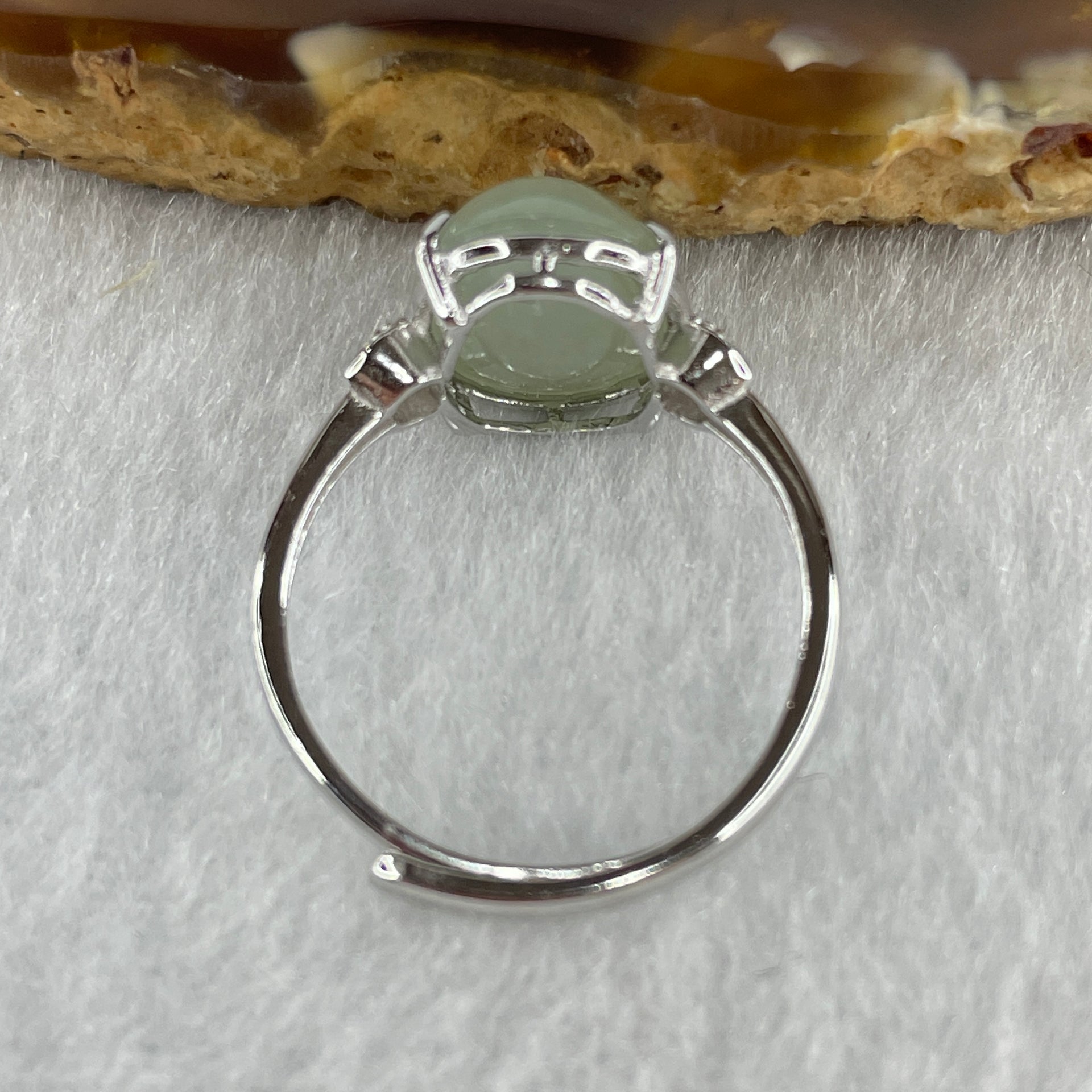 Natural Type A Semi Icy Faint Green Jadeite Oval Shape Cabouchon in S925 Silver Ring (Adjustable Size) 2.26g 11.3 by 9.1 by 5.0mm - Huangs Jadeite and Jewelry Pte Ltd