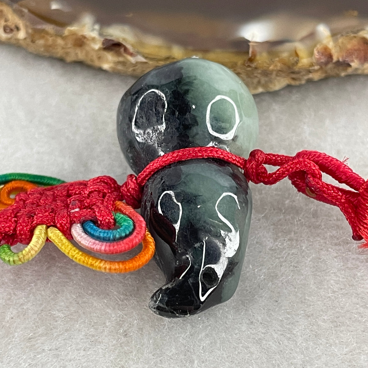 Natural Type A Wuji Black with Green Jadeite Hulu Charm Display | Gourd Health, Wealth Accumulation & Protection Talisman (16.64g | 32.7 x 17.6mm) - Huangs Jadeite and Jewelry Pte Ltd