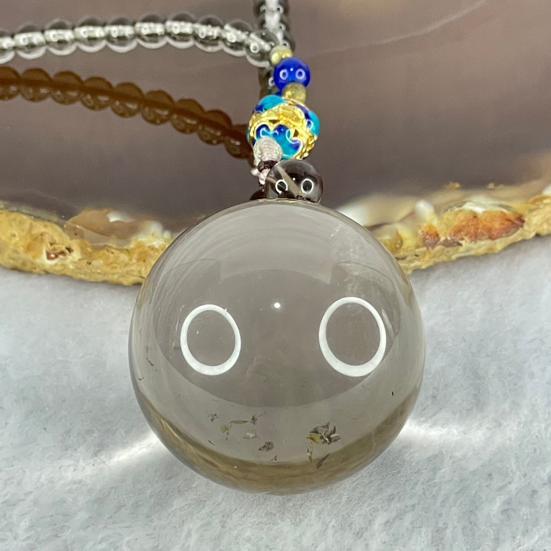 Natural Smoky Quartz Crystal Sphere Pendant with Mini Beads Necklace 59.74g 60cm 31.1mm 4.6mm 149 Beads - Huangs Jadeite and Jewelry Pte Ltd