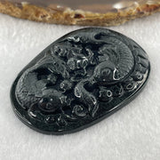 Type A Opaque to Partial Translucent Black Omphacite Jadeite Double Fish with Lotus Flower and Coins Pendant 29.11g 61.1 by 44.1 by 9.2mm - Huangs Jadeite and Jewelry Pte Ltd