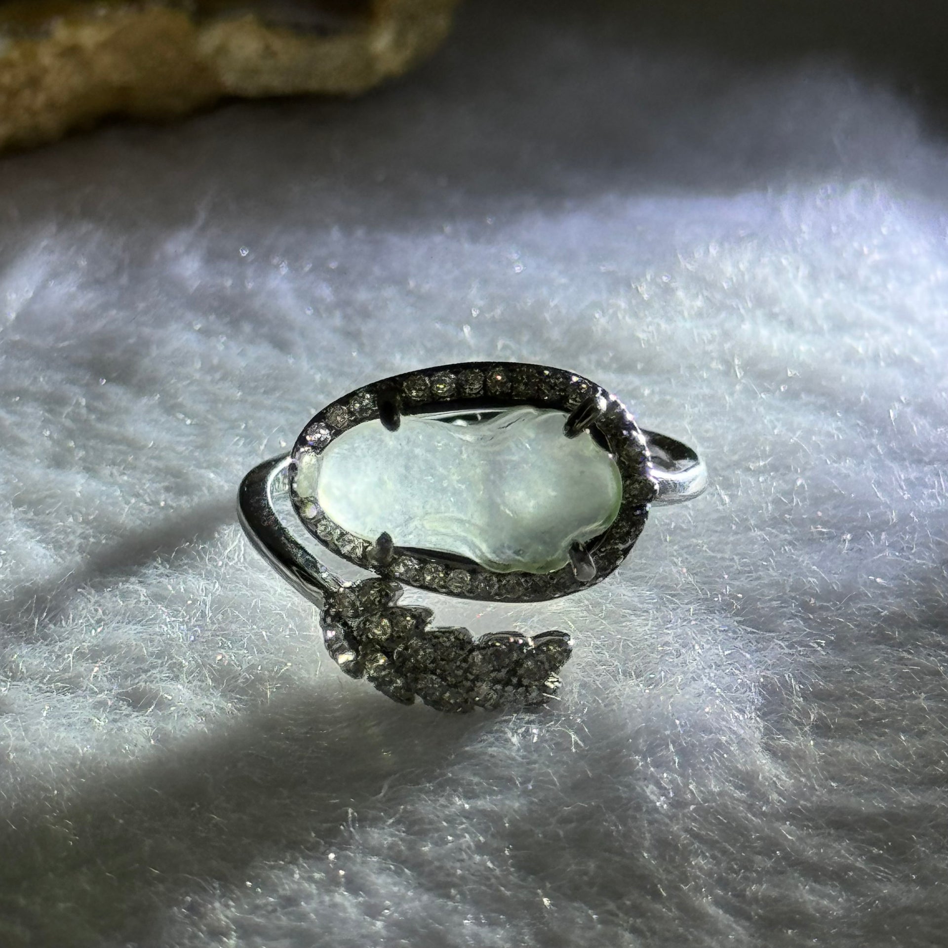 Type A Icy Light Green Jadeite Cabbage with Crystals in S925 Sliver Ring (Adjustable Size) 2.27g 12.7 by 6.8 by 2.5mm - Huangs Jadeite and Jewelry Pte Ltd