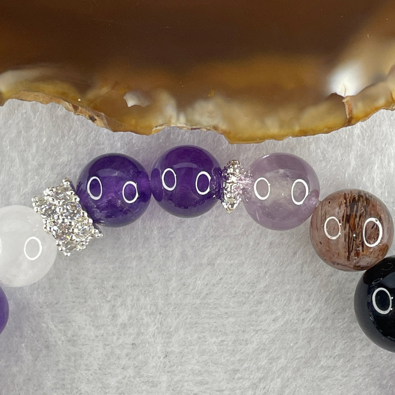 Natural Amethyst with Clear Quartz, Onyx, Copper Rutilated Beads with Charms Bracelet 32.57g 17cm 9.8mm-12Beads 12.7mm-4Beads - Huangs Jadeite and Jewelry Pte Ltd