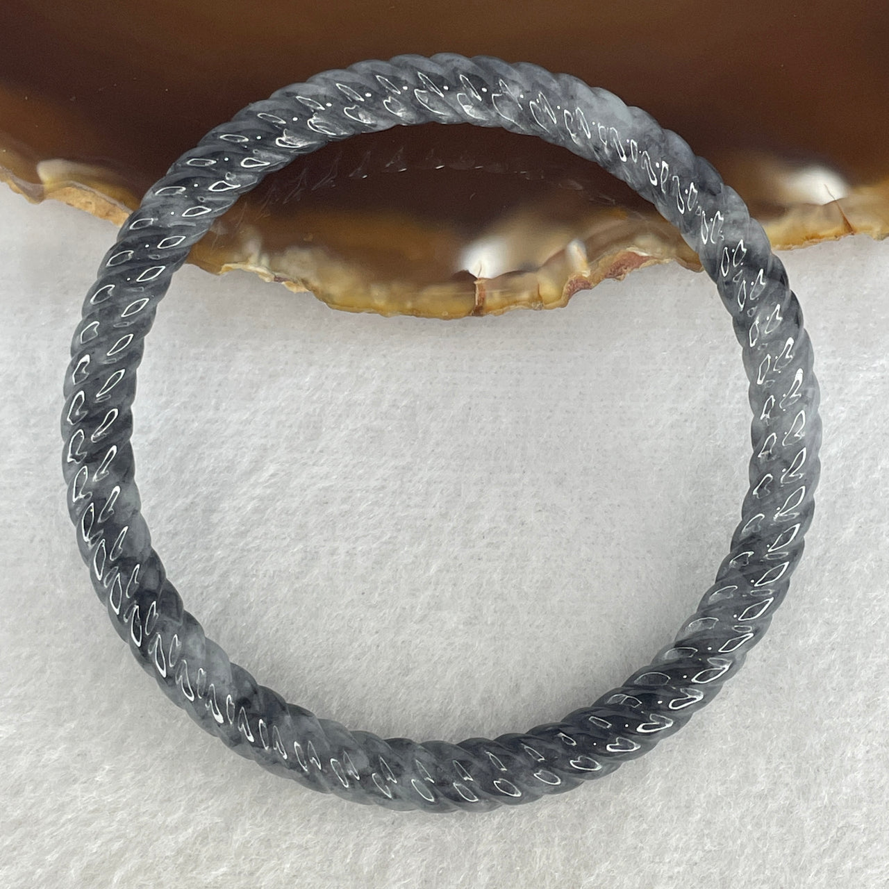 Natural Type A Wuji Grey Jadeite Carved Bangle | 57.4mm Black-Grey Ink Patterned Jade Bracelet (19.32g, 6.4x6.6mm (Internal Lines)