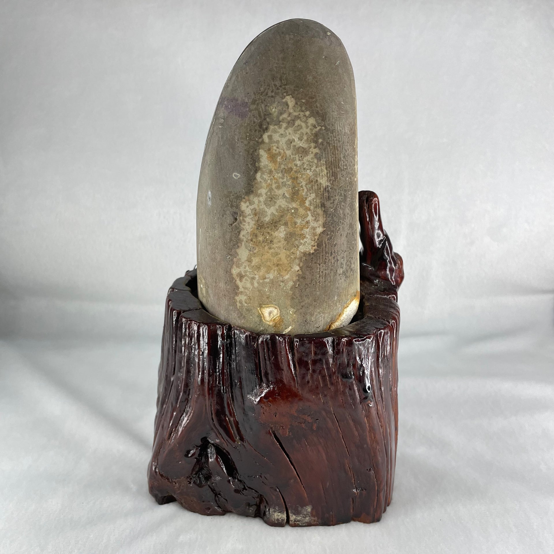 Natural Deep Intense Purple Amethyst Cave with Wooden Stand 2,097.3g 109.9 by 121.7 by 210.0mm - Huangs Jadeite and Jewelry Pte Ltd