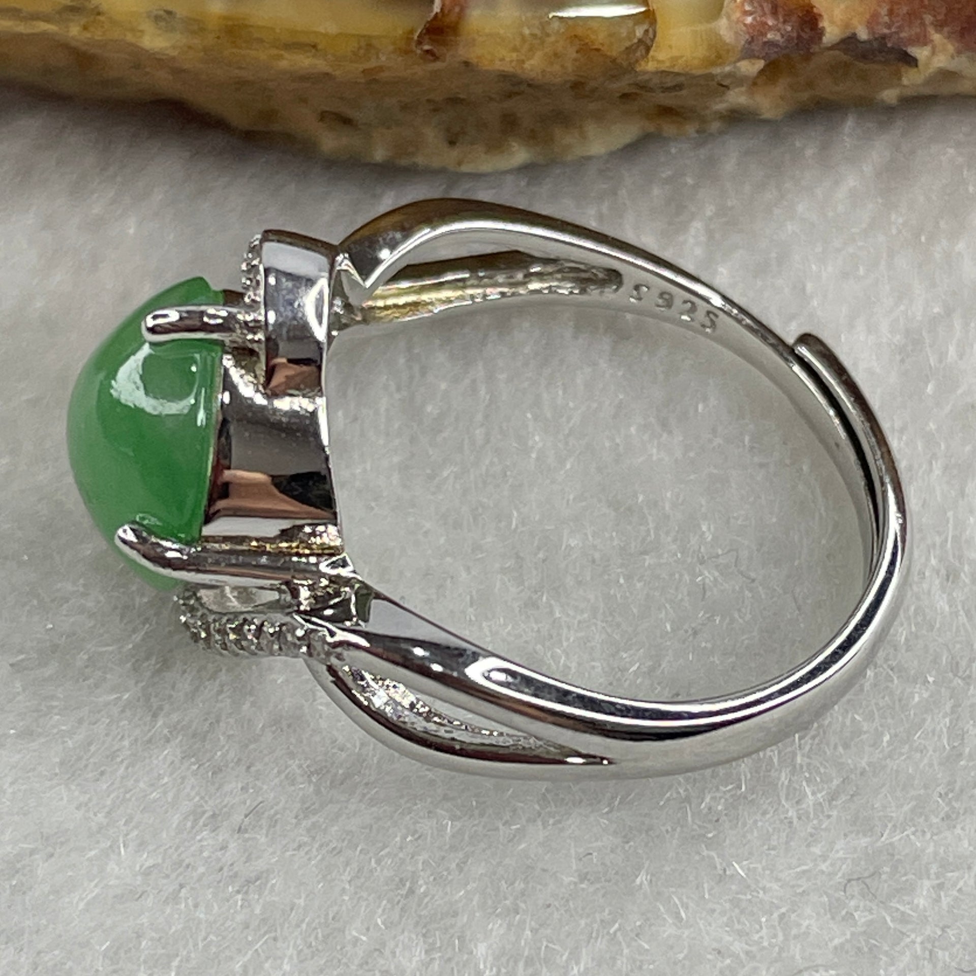 Type A Green Jadeite Ring in S925 Sliver with Cubic Zirconia 2.67g 9.5 by 8.7 by 4.0mm (Adjustable Size) - Huangs Jadeite and Jewelry Pte Ltd