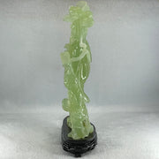 Natural Semi Icy Green Serpentine Fairy with Tong Zhi and Lotus Flower with Wooden Stand Display 1,228.0g 196.0 by 76.0 by 283.0mm - Huangs Jadeite and Jewelry Pte Ltd