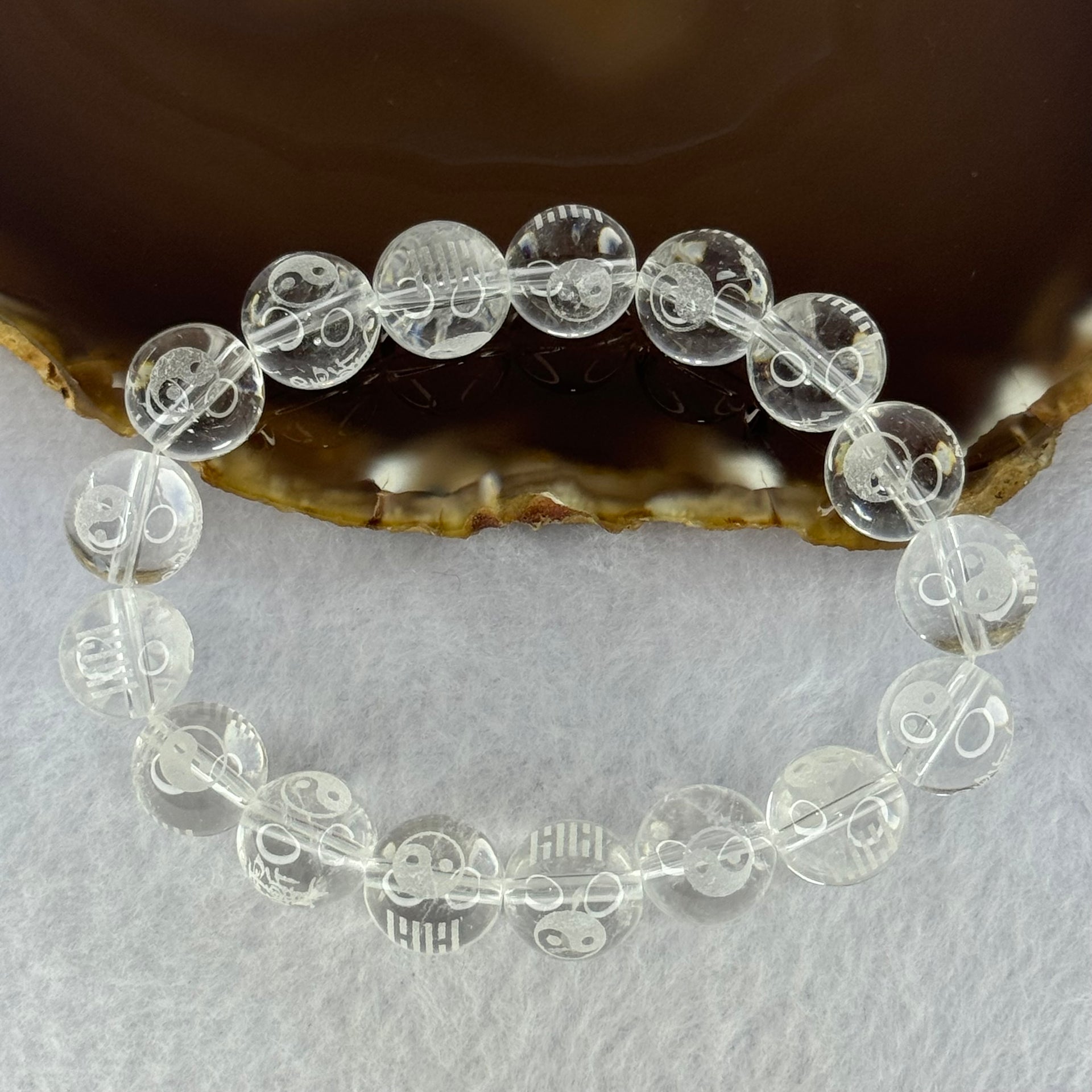 Natural Clear Quartz Beads with Inscription Bracelet 42.26g 17.5cm 12.3mm 17 Beads - Huangs Jadeite and Jewelry Pte Ltd