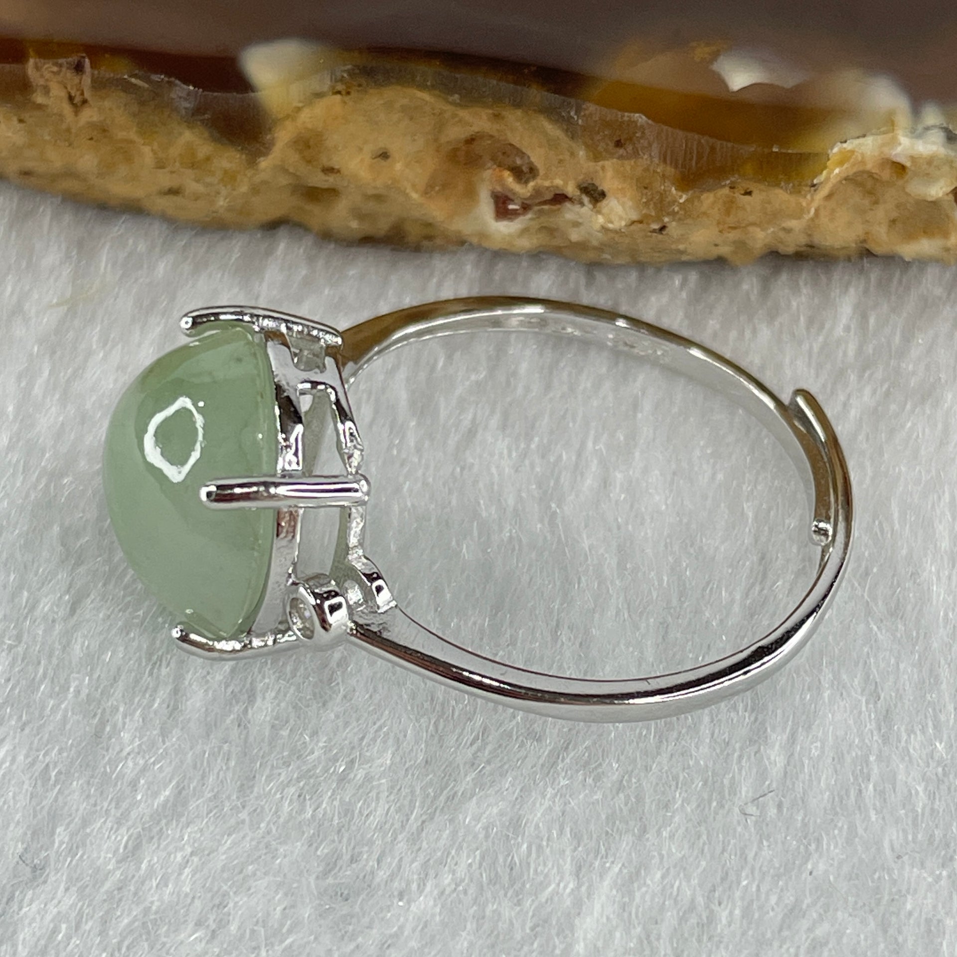 Natural Type A Semi Icy Faint Green Jadeite Oval Shape Cabouchon in S925 Silver Ring (Adjustable Size) 2.04g 11.0 by 9.4 by 5.5mm - Huangs Jadeite and Jewelry Pte Ltd
