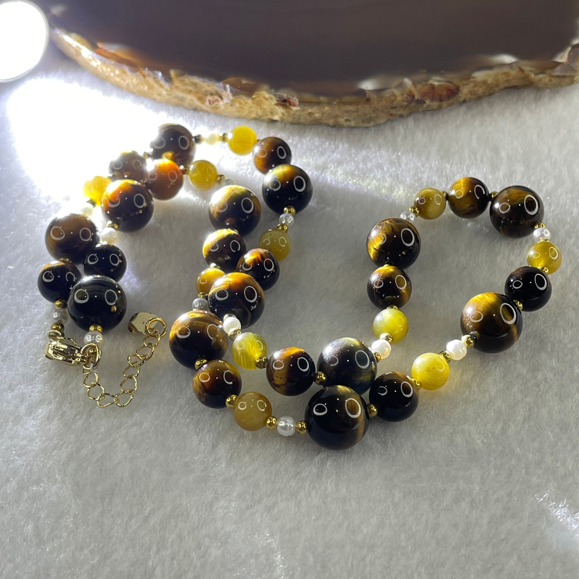 Natural Yellow Tiger's Eye Beads with Charm Necklace 38.22g 44cm 6.5 by 10.5mm 37Beads - Huangs Jadeite and Jewelry Pte Ltd