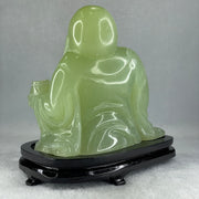 Natural Green Serpentine Siting Milo Buddha with Wealth Pot with Wooden Stand Display 1362.0g 165.0 by 110.0 by 150.0mm - Huangs Jadeite and Jewelry Pte Ltd