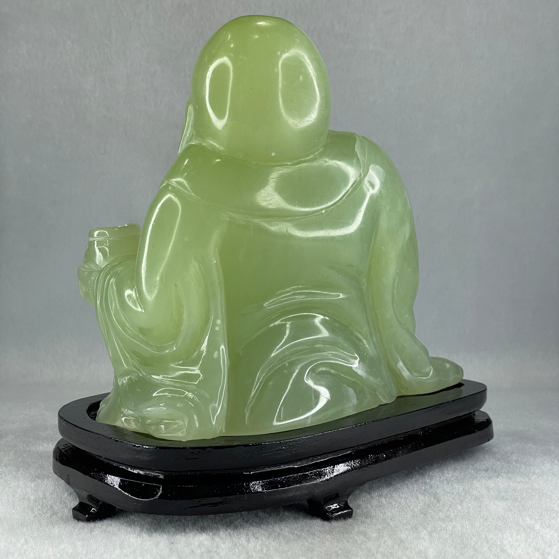 Natural Green Serpentine Siting Milo Buddha with Wealth Pot with Wooden Stand Display 1362.0g 165.0 by 110.0 by 150.0mm - Huangs Jadeite and Jewelry Pte Ltd