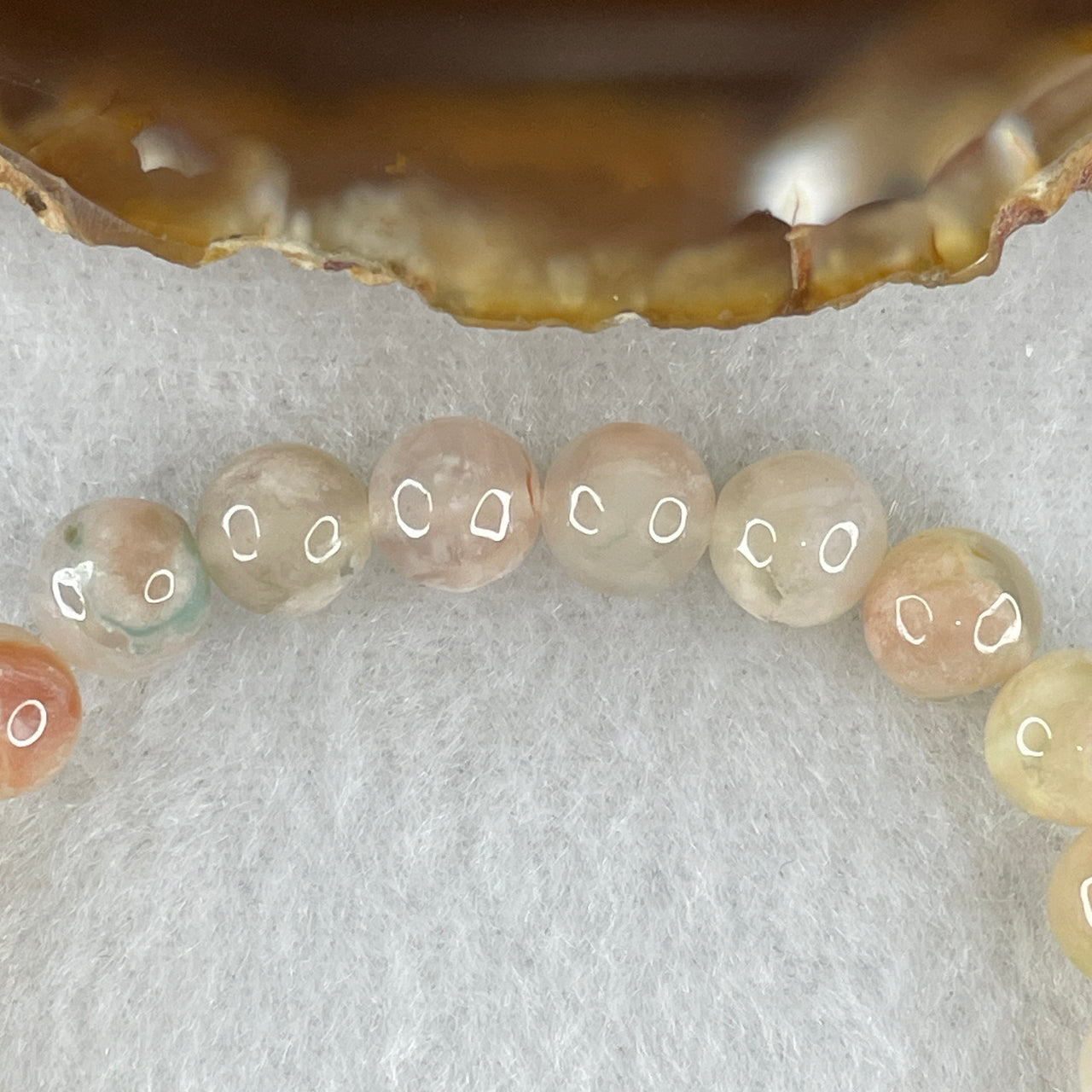 Natural Faint Yellow & Pink Flower Agate Bead Bracelet | Untreated Cherry Blossom Agate Stretch Bracelet (14.25g | 15.5cm Wrist | 7.7mm | 25 Beads)