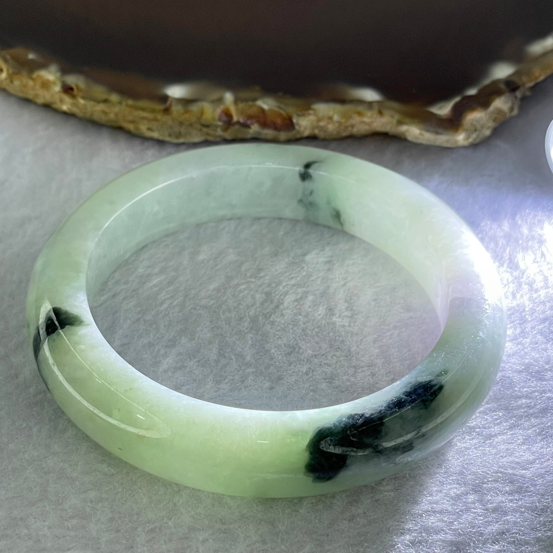 Type A Light Green Lavender and Dark Green Piao Hua Jadeite Bangle Internal Diameter 54.2mm 60.52g 12.2 by 9.6mm (External Rough + Internal Lines) - Huangs Jadeite and Jewelry Pte Ltd