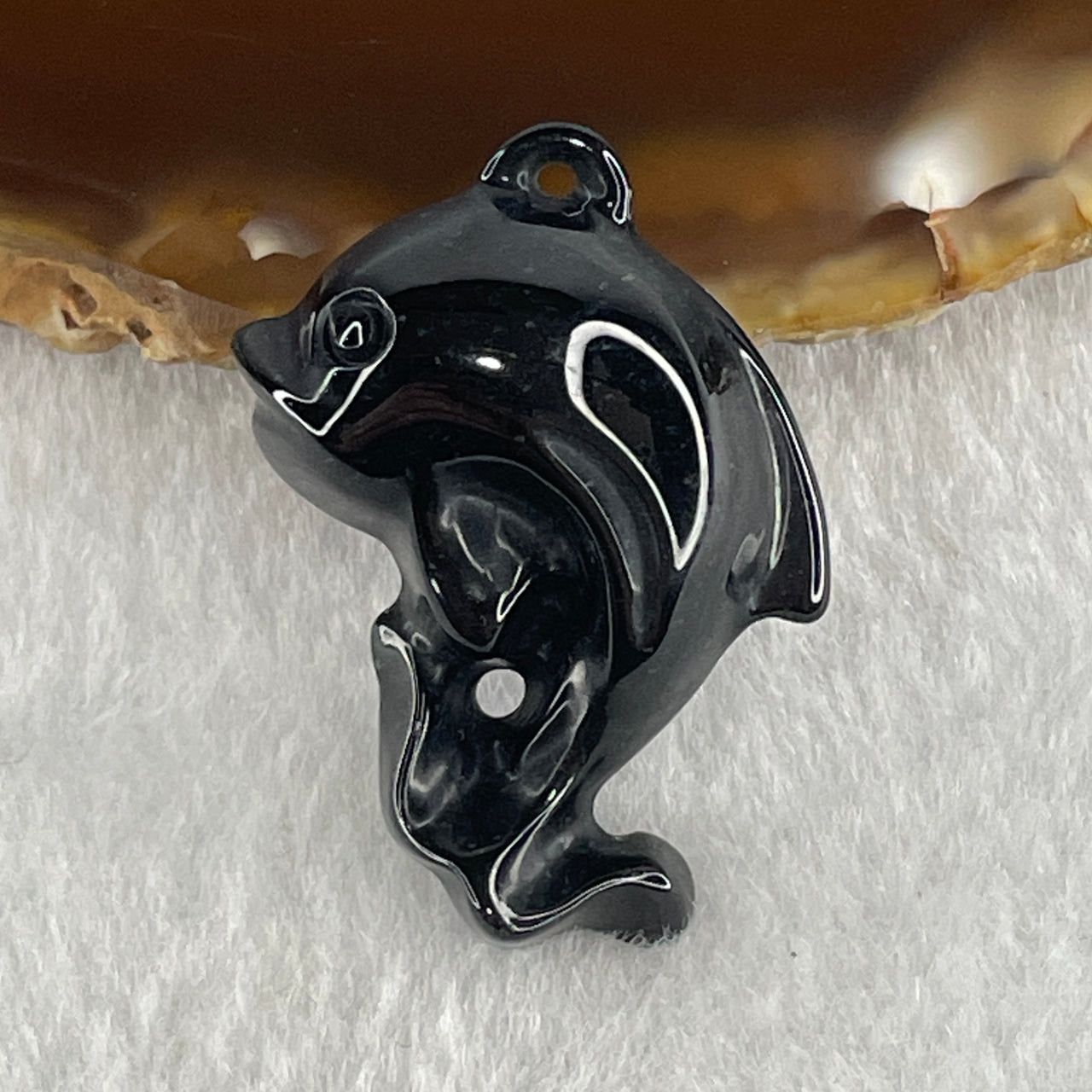 Type A Opaque Black Omphacite Dolphine Pendant Charm 4.34g 32.2 by 24.1 by 6.6mm - Huangs Jadeite and Jewelry Pte Ltd