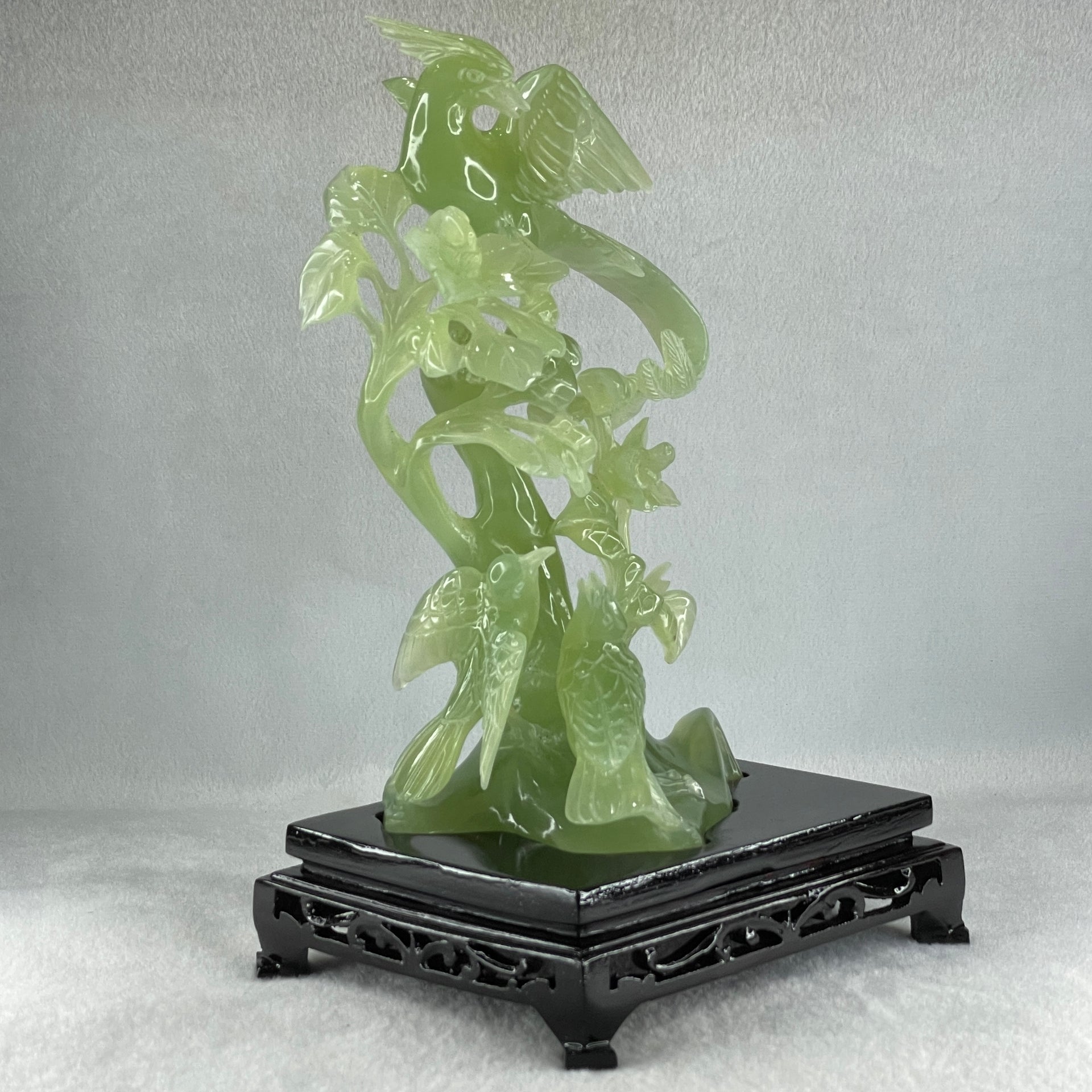 Natural Green Serpentine Phoenix with Double Magpies Birds on Tree with Wooden Stand Display 770.6g 155.0 by 125.0 by 230.0mm - Huangs Jadeite and Jewelry Pte Ltd
