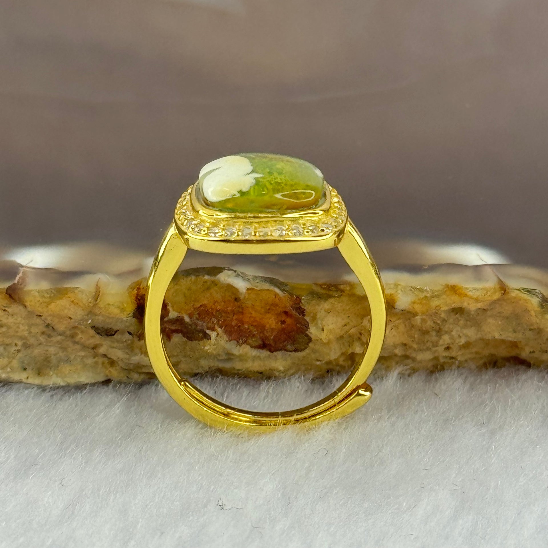 Natural Green Amber with Milk Inclusions in S925 Sliver Gold Color Ring (Adjustable Size) 2.26g 8.9 by by 2.5mm - Huangs Jadeite and Jewelry Pte Ltd